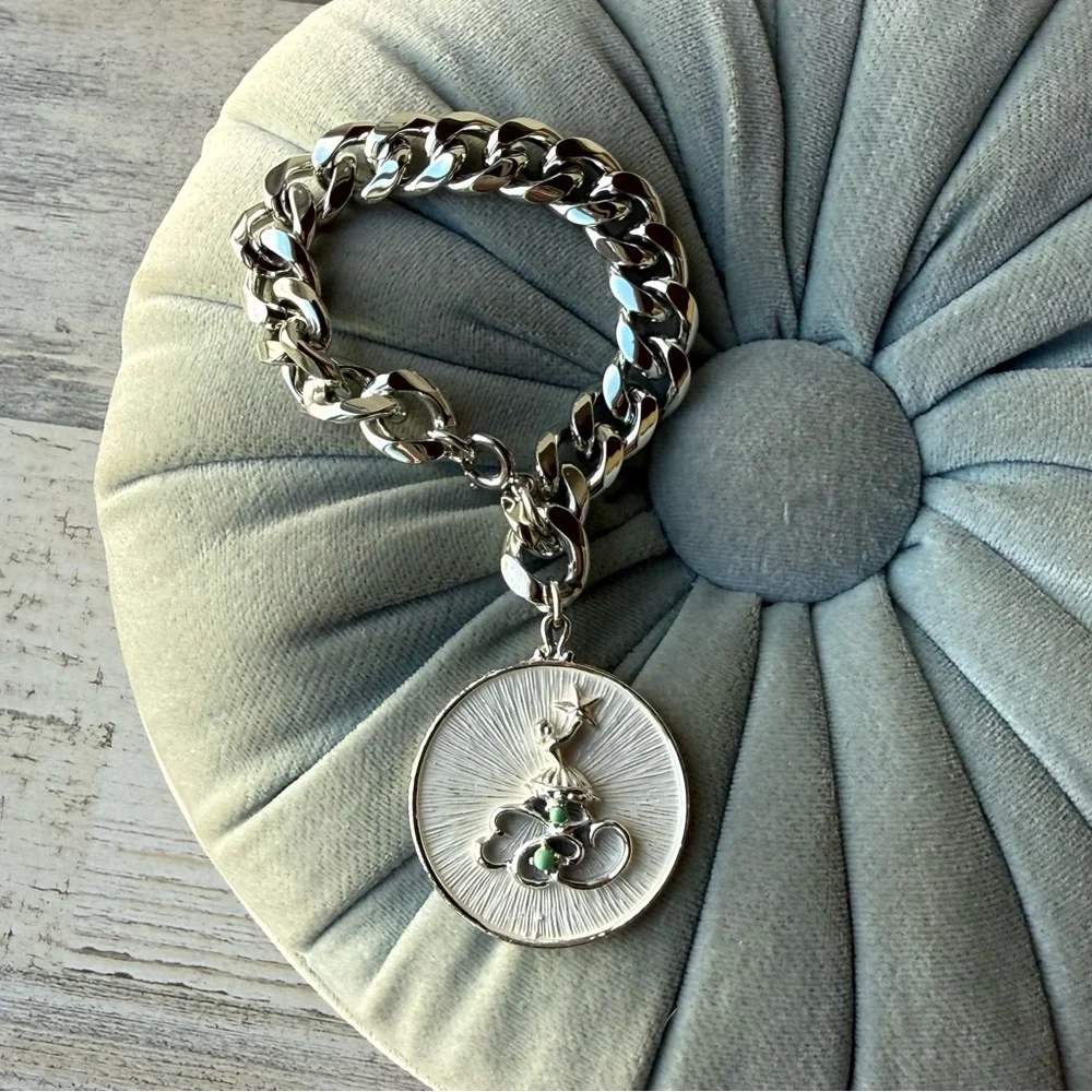 Vintage Mid-Century Silvertone Chunky Link Charm Bracelet 7.25